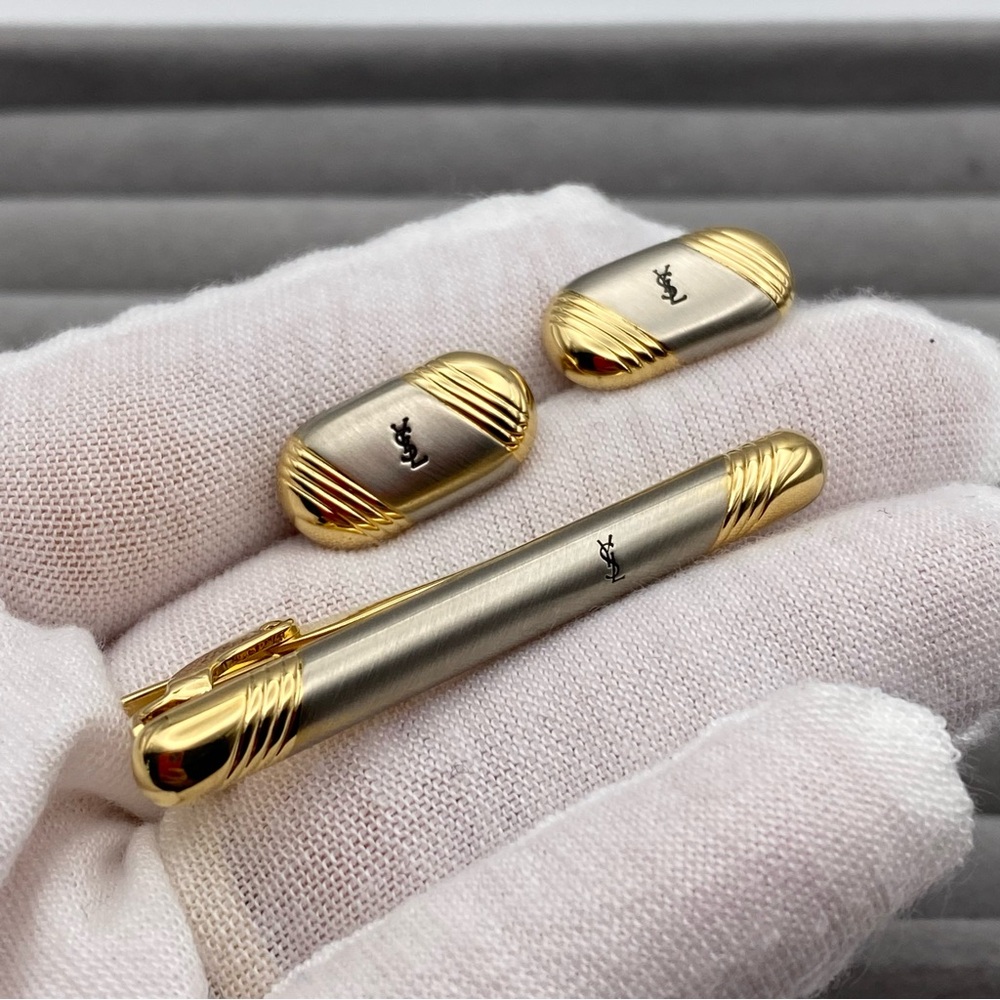 Authentic YSL logo black & gold & matte silver cufflinks and tie pin